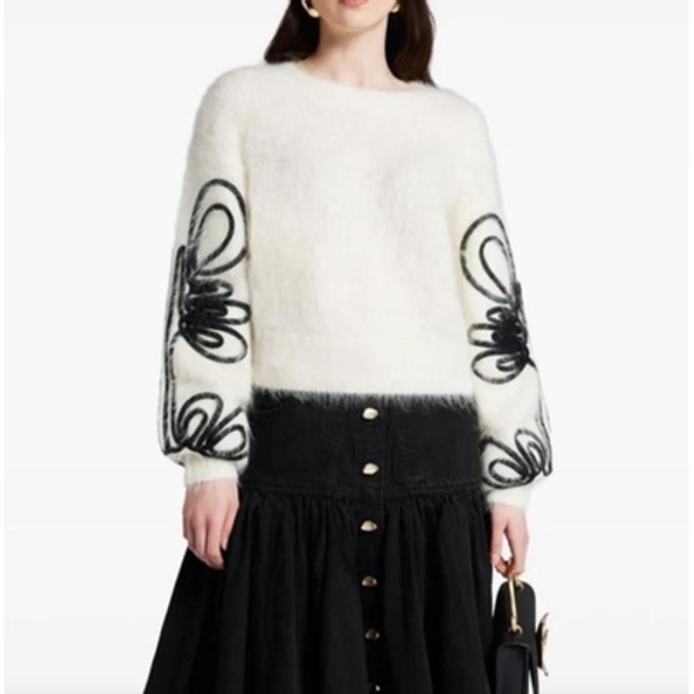 Aje‎ Sweater Womens Small White Alpaca Blend Balloon Sleeve Embroidered Knit